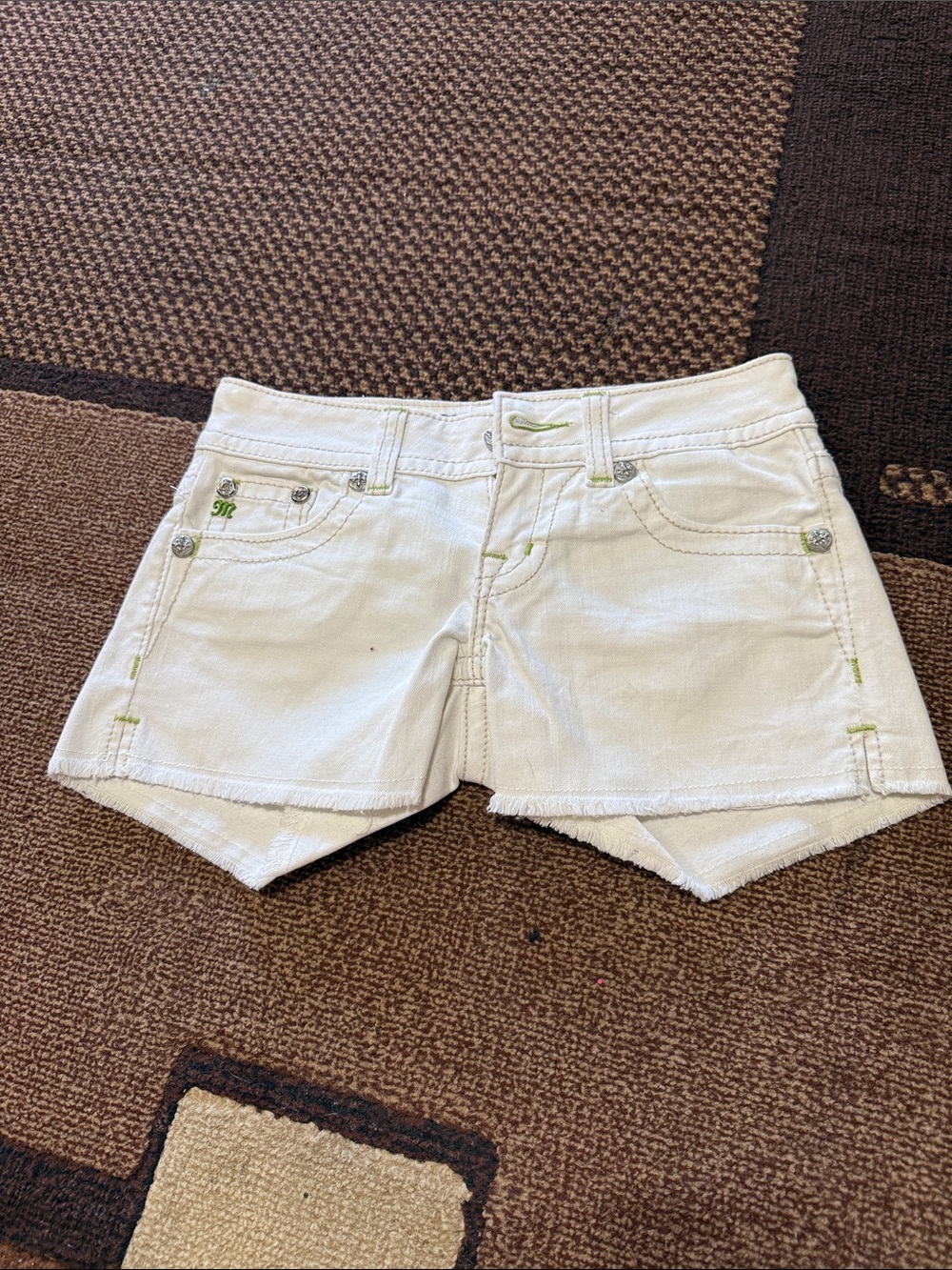 Miss Me White Denim Shorts with Lime Stitching